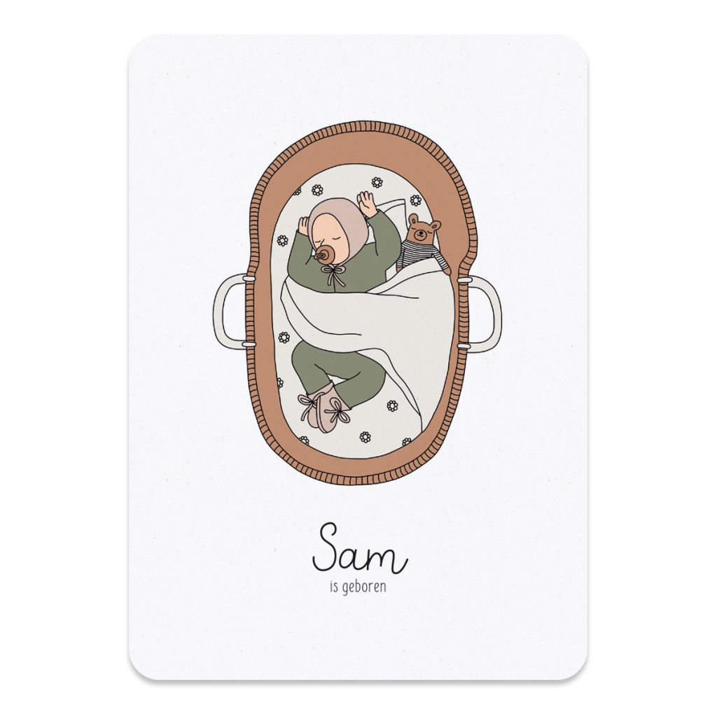 Het geboortekaartje baby in mandje met een mooie illustratie van een lieve baby.
