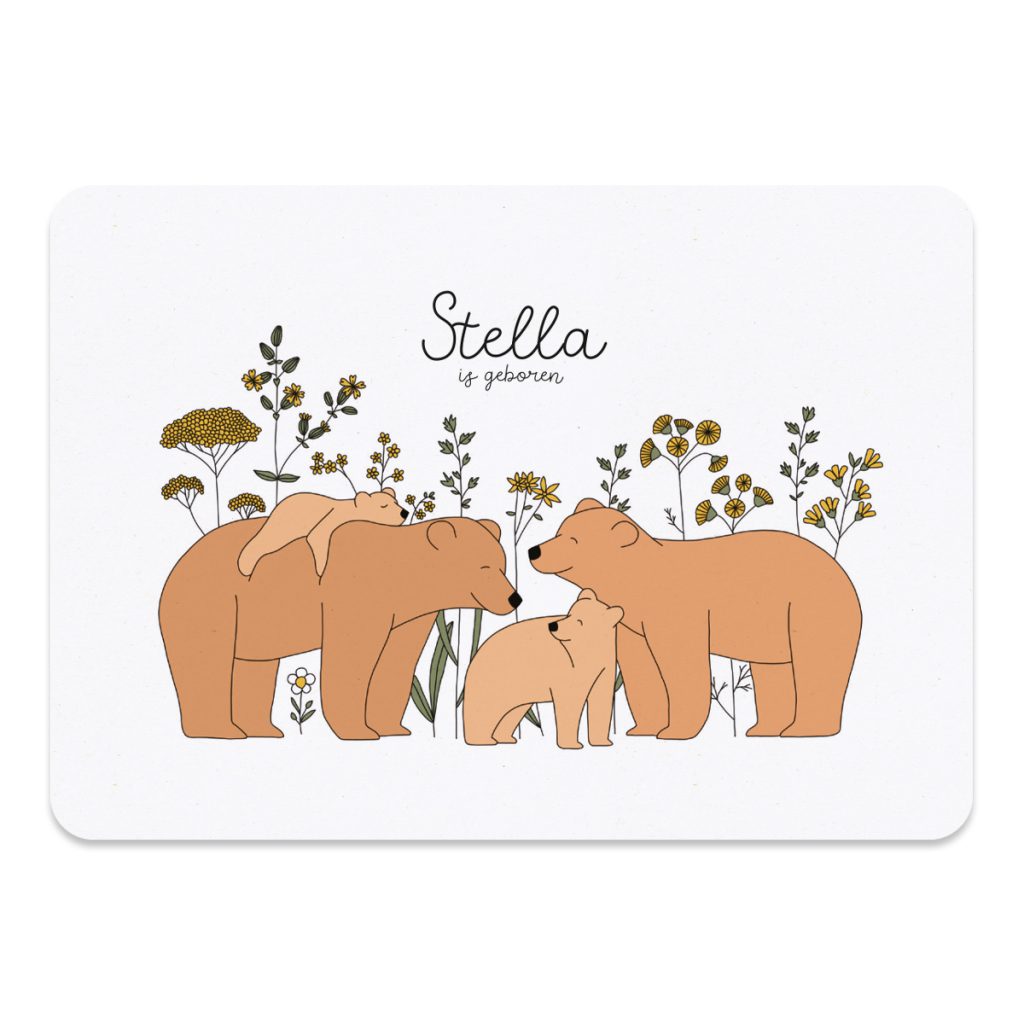 Het geboortekaartje familie beer met 2 kleine beertjes. Een mooi kaartje voor als er een broertje of zusje bijkomt.
