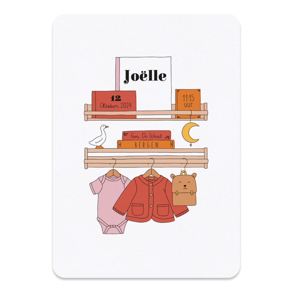 Het geboortekaartje babykamer in het roze, rood en oranje. Het kaartje wordt gedrukt op gerecycled papier. Hierdoor heeft het kaartje een natuurlijke en zachte uitstraling.