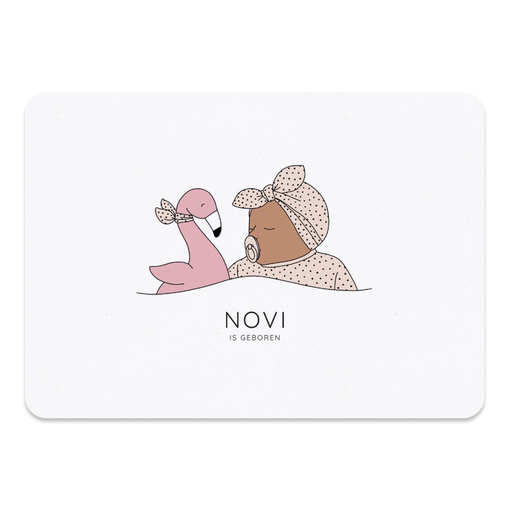 Het geboortekaartje baby en flamingo in het roze. Een mooi en vrolijk kaartje voor een meisje.