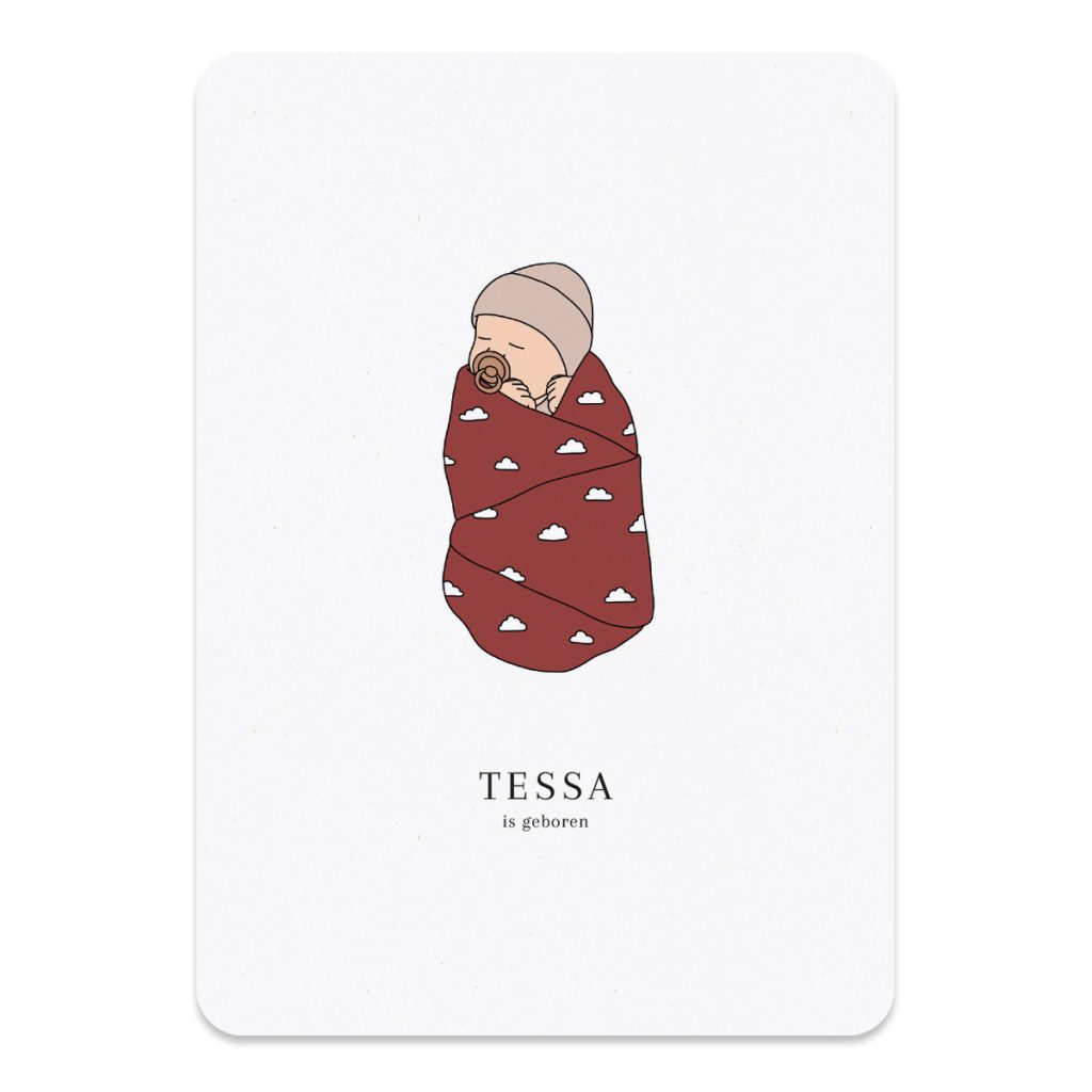 Een wolk van een baby. Een mooi geboortekaartje met een tekening van een lief kindje met een mutsje op en gewikkeld in een dekentje.
