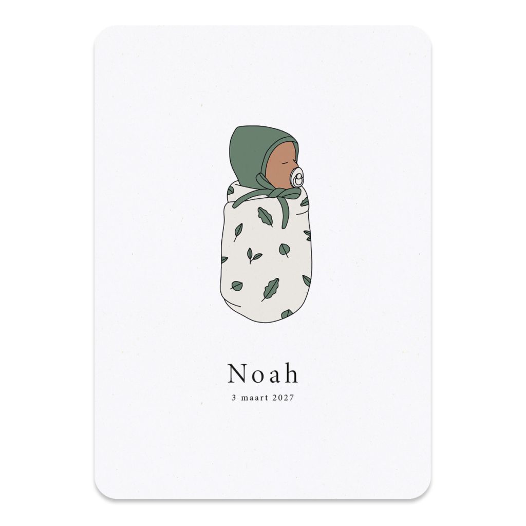 Het geboortekaartje baby in doek. Een bijzonder geboortekaartje met een lief kindje gewikkeld in een doek. Een natuurlijk en elegant kaartje voor jullie kindje.