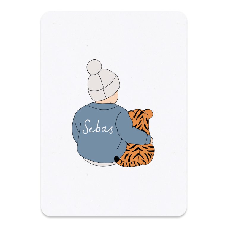 Het geboortekaartje kindje en tijger. Een mooi kaartje met een lijntekening van een lief kindje en een tijger. De naam van jullie kindje kan op het truitje of onder de illustratie gezet worden.