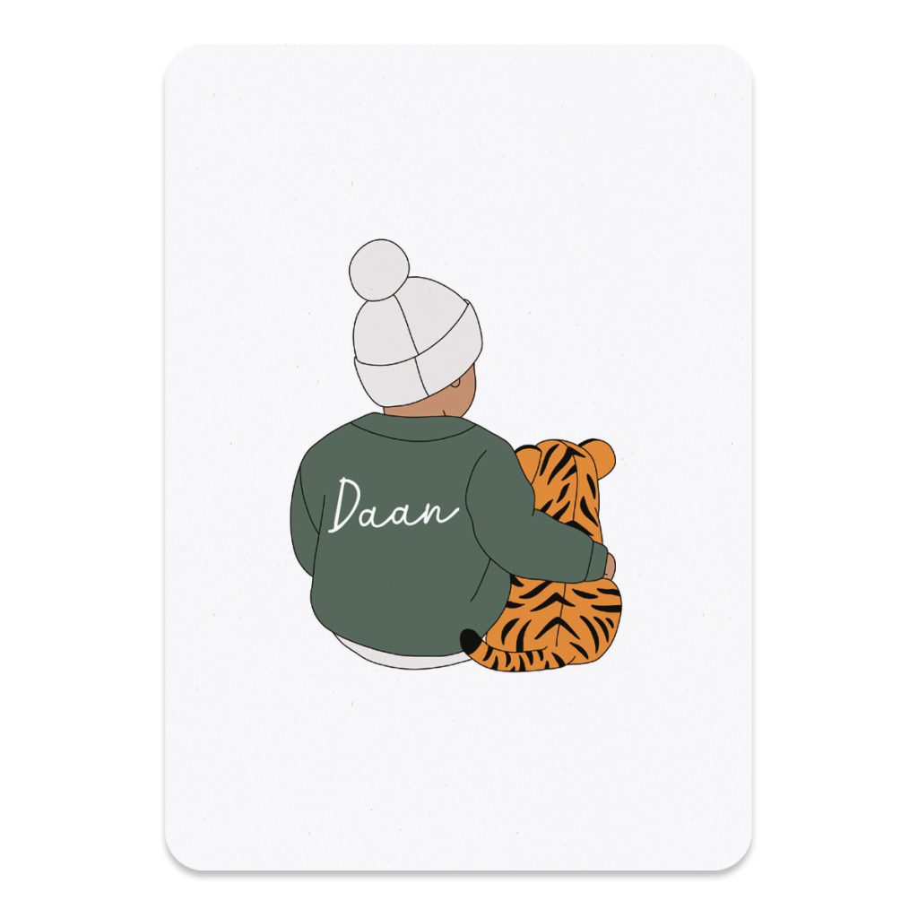 Het geboortekaartje baby en tijger voor een donker kindje. Het kaartje wordt gedrukt op gerecycled papier. Dit geeft het kaartje een natuurlijke en zachte uitstraling. 
