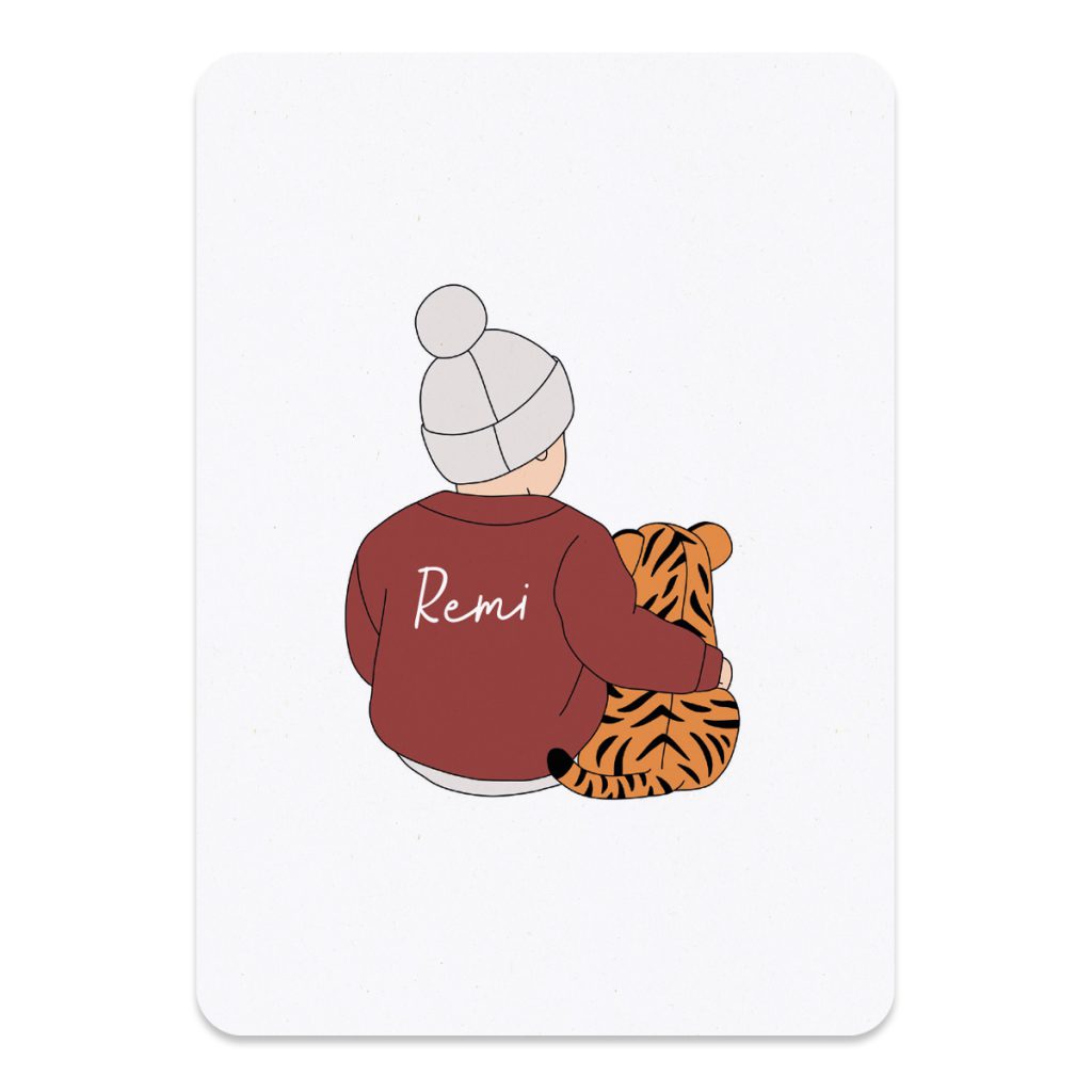 Geboortekaartje met tijger. Een uniek geboortekaartje met een handgetekende illustratie van een kindje en een tijger. 