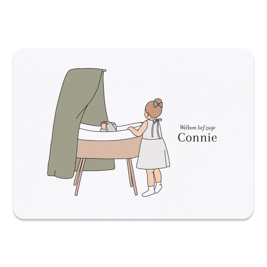 Geboortekaartje wieg en grote zus met een mooie illustratie van een wiegje en een zusje.