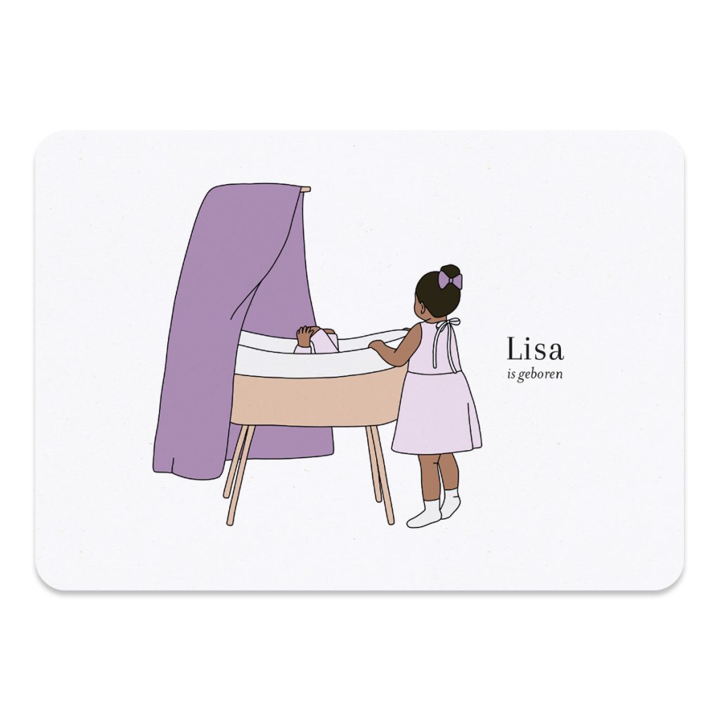 Het geboortekaartje wieg en grote zus voor een donker kindje.