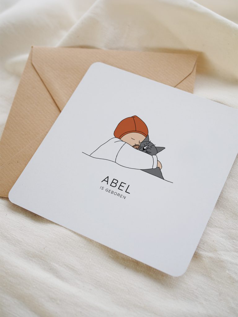 Geboortekaartje kindje en kat van Hello Deer Studio. Stijlvol, rustig en minimalistische geboortekaartjes gedrukt op gerecycled papier.